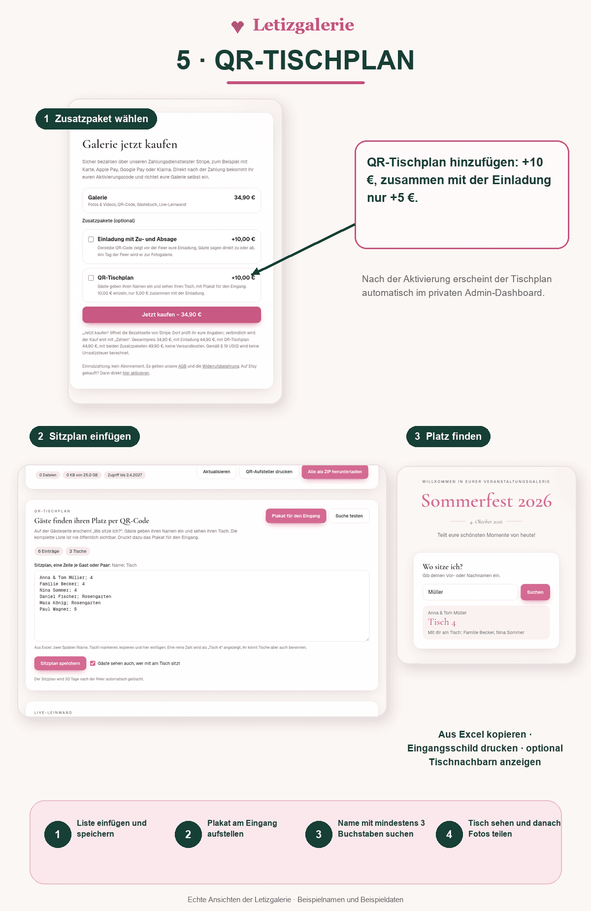 Bildanleitung zum optionalen QR-Tischplan mit Paketauswahl, Sitzplan im Admin-Dashboard und Namenssuche mit gefundenem Tisch für Gäste.