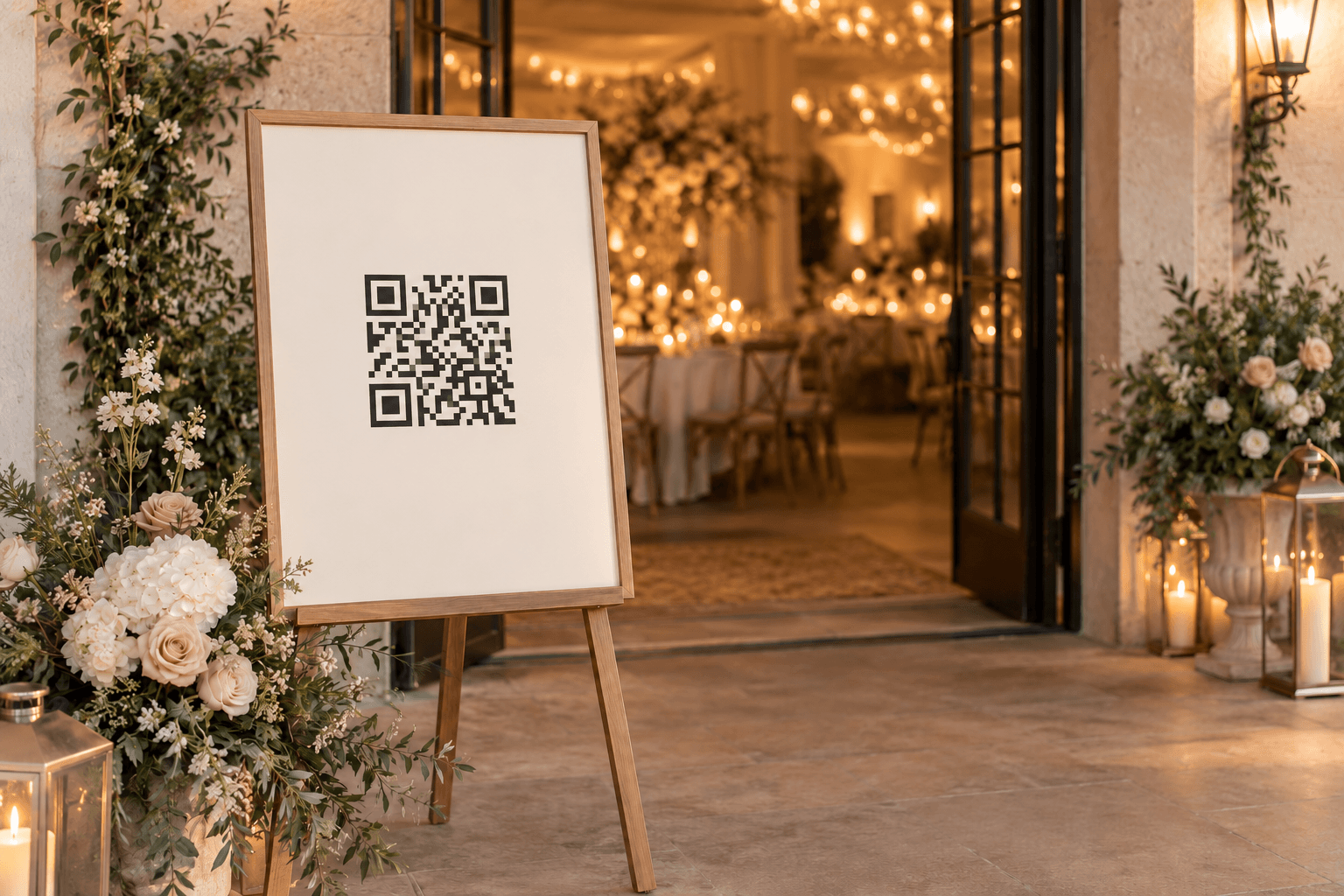 Aufsteller am Eingang einer Hochzeit mit QR-Code für den Tischplan