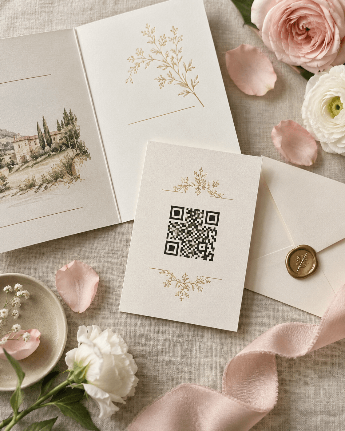 Hochzeitseinladung mit QR-Code für Zu- und Absagen