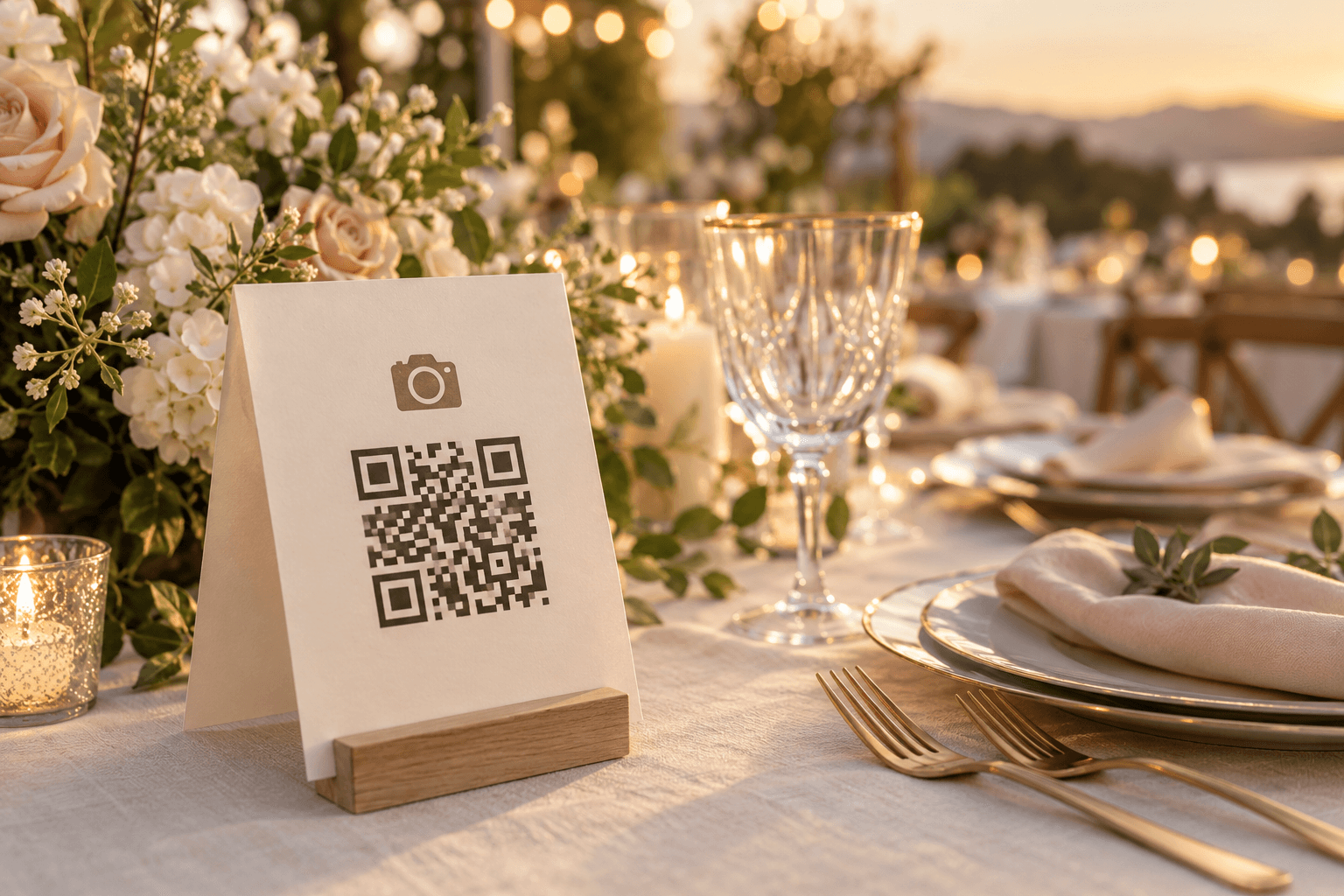 Hochzeitstisch mit einer QR-Tischkarte für Gästefotos